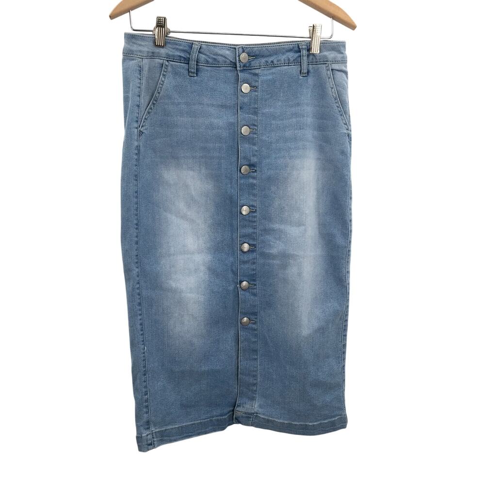 D. Jeans Vintage 80s Button Front Straight Pencil Midi Jean Skirt Denim Blue 10